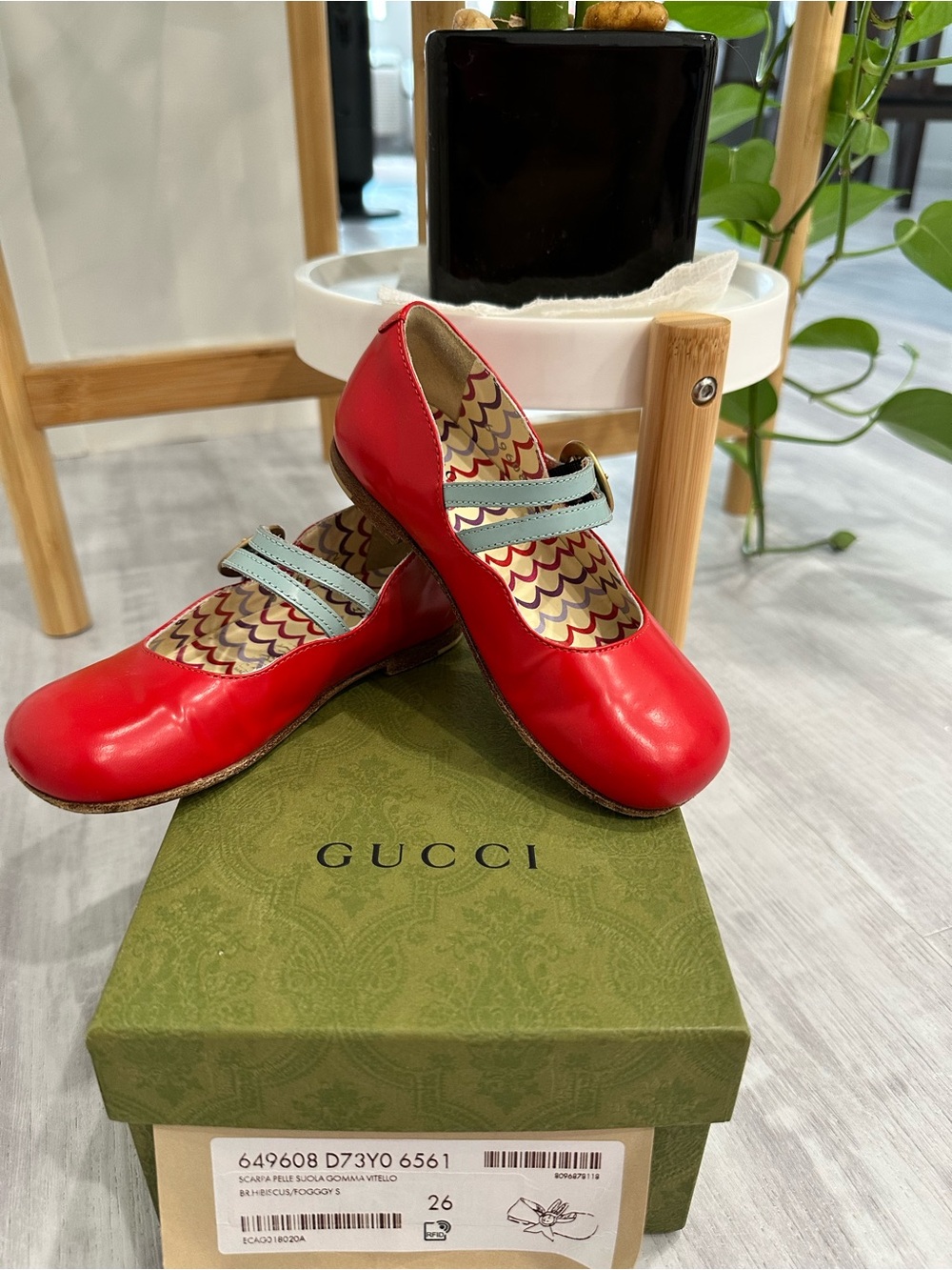 Gucci Red Leather Mary Jane Flats with Light Blue Straps